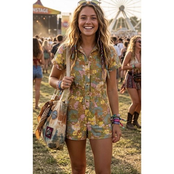 Show Me Your MuMu Pants - Show Me Your MuMu XS Denim Floral Boho Cannon Romper Groovy Blooms Extra Small